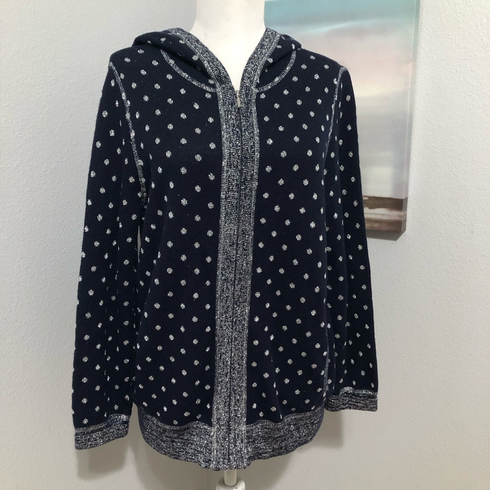 Chico's Navy Polka Dot Hooded Cardigan